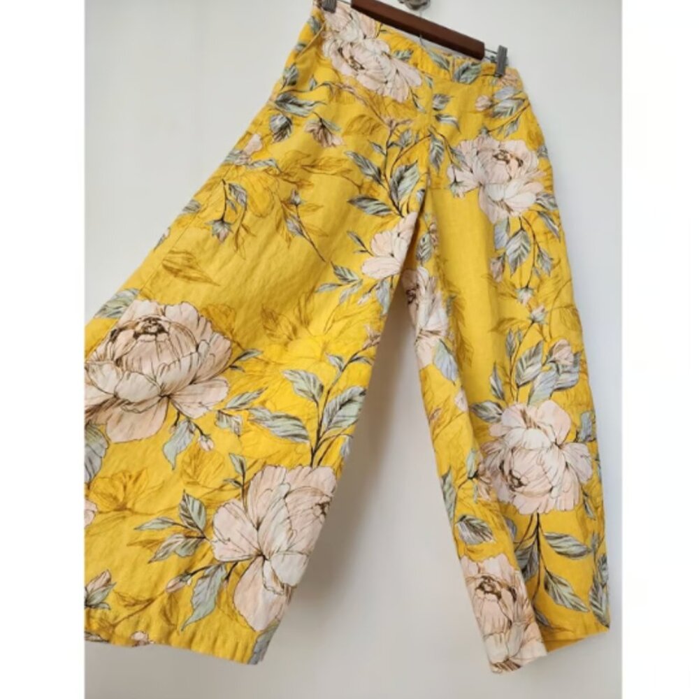 Nicole Miller *Yellow Wide-Leg Linen Pants* | Bright Floral | POCKETS | XS